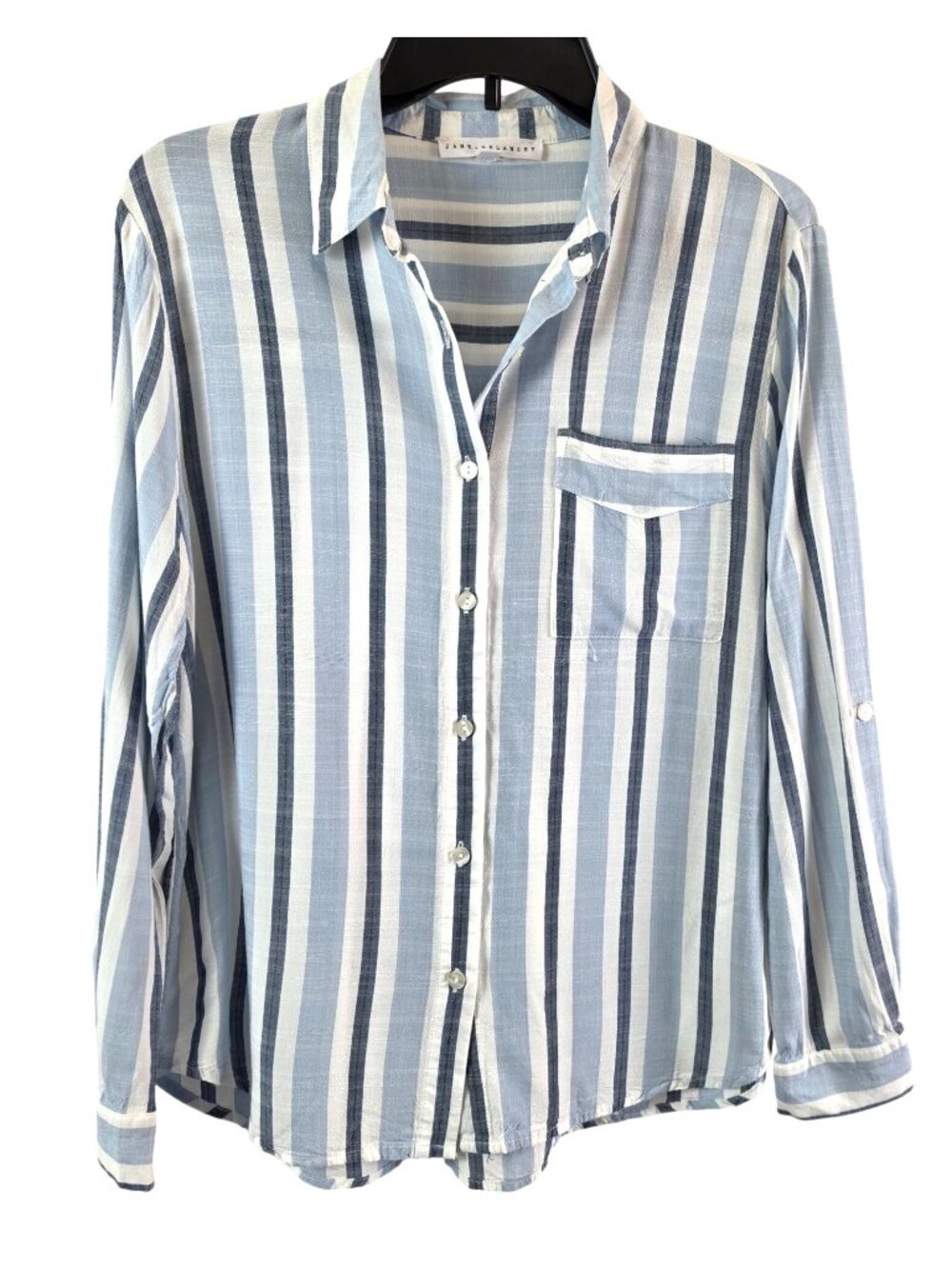 Jane Delancey Shirt Womens S Blue White Striped Button Down Roll Tab Long Sleeve